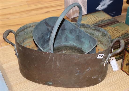 A Victorian copper pan and a scuttle